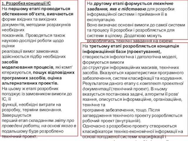 1. Розробка концепції ІС На першому етапі проводиться обстеження об’єкта, вивчаються