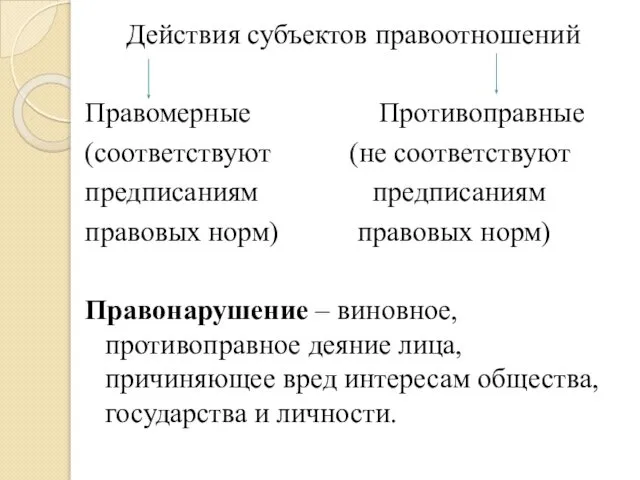 Действия субъектов правоотношений Правомерные Противоправные (соответствуют (не соответствуют предписаниям предписаниям правовых