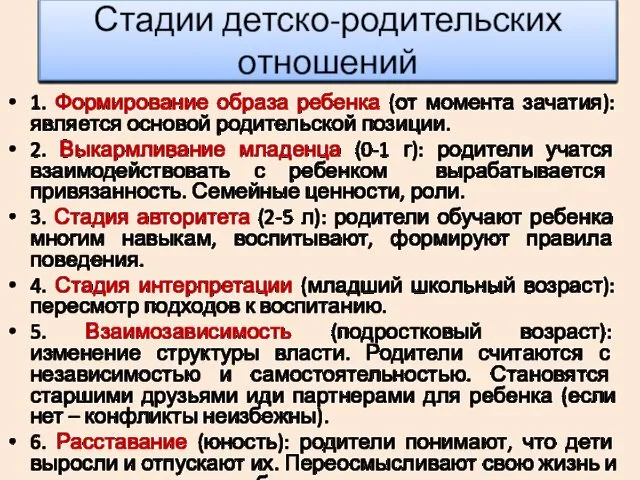 Стадии детско-родительских отношений 1. Формирование образа ребенка (от момента зачатия): является