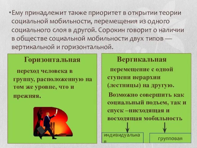 Ему принадлежит также приоритет в открытии теории социальной мобильности, перемещения из