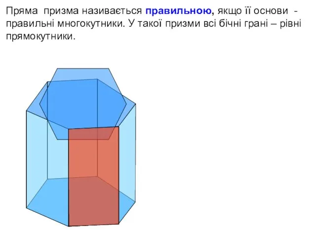 Пряма призма називається правильною, якщо її основи - правильні многокутники. У