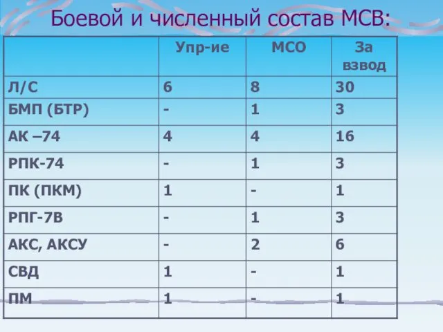 Боевой и численный состав МСВ: