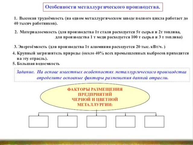 Особенности металлургического производства. 1. Высокая трудоёмкость (на одном металлургическом заводе полного