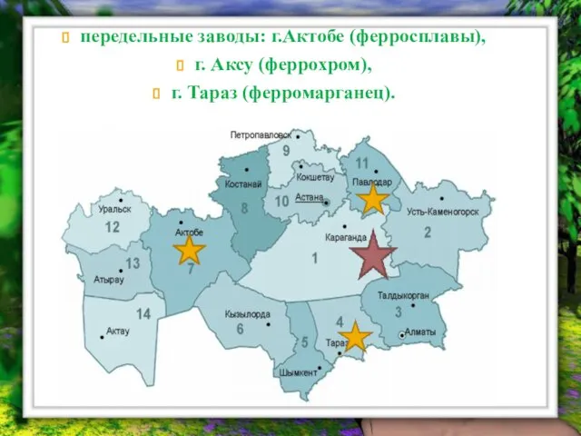 передельные заводы: г.Актобе (ферросплавы), г. Аксу (феррохром), г. Тараз (ферромарганец).