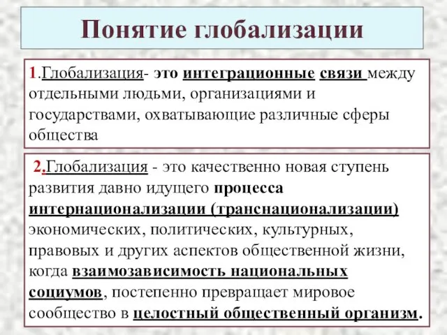 Понятие глобализации 1.Глобализация- это интеграционные связи между отдельными людьми, организациями и