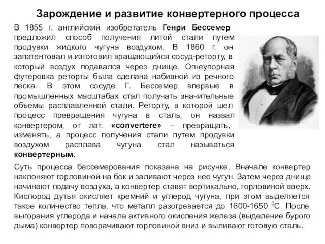 Зарождение и развитие конвертерного процесса В 1855 г. английский изобретатель Генри