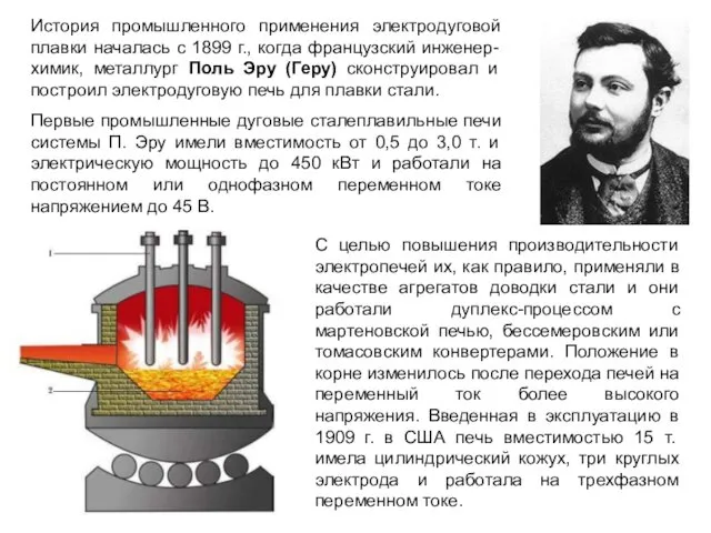 История промышленного применения электродуговой плавки началась с 1899 г., когда французский