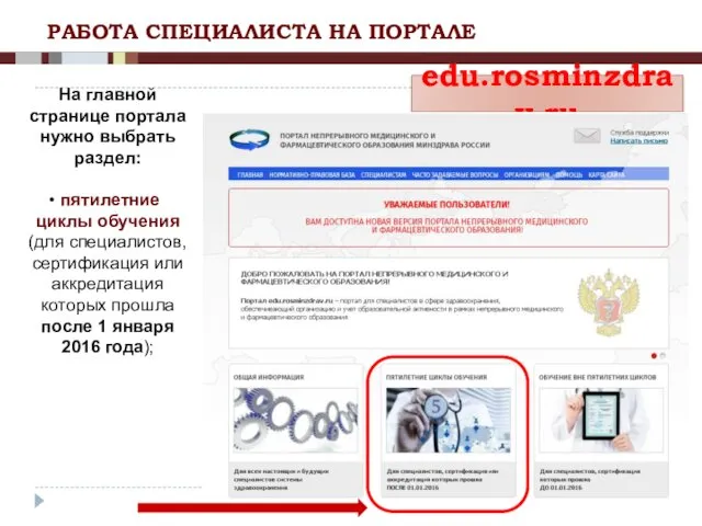 РАБОТА СПЕЦИАЛИСТА НА ПОРТАЛЕ edu.rosminzdrav.ru На главной странице портала нужно выбрать