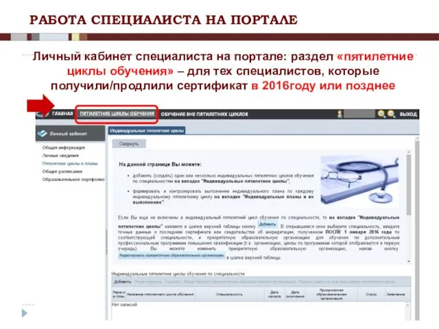 РАБОТА СПЕЦИАЛИСТА НА ПОРТАЛЕ Личный кабинет специалиста на портале: раздел «пятилетние
