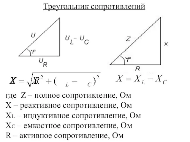 Треугольник сопротивлений где Z – полное сопротивление, Ом Х – реактивное