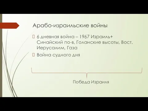 Арабо-израильские войны 6 дневная война – 1967 Израиль+ Синайский по-в, Голанские