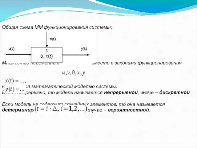 Общая схема ММ функционирования системы: Множество переменных вместе с законами функционирования