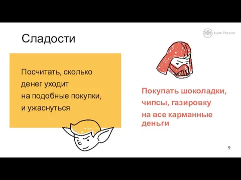 Покупать шоколадки, чипсы, газировку на все карманные деньги Посчитать, сколько денег