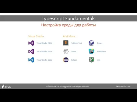 Настройка среды для работы Information Technology Video Developer Network http://itvdn.com ITVDN Typescript Fundamentals