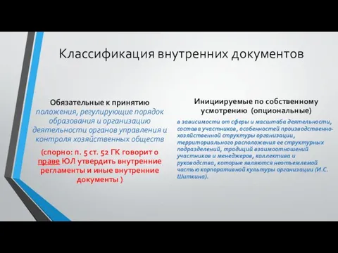 Классификация внутренних документов Обязательные к принятию положения, регулирующие порядок образования и