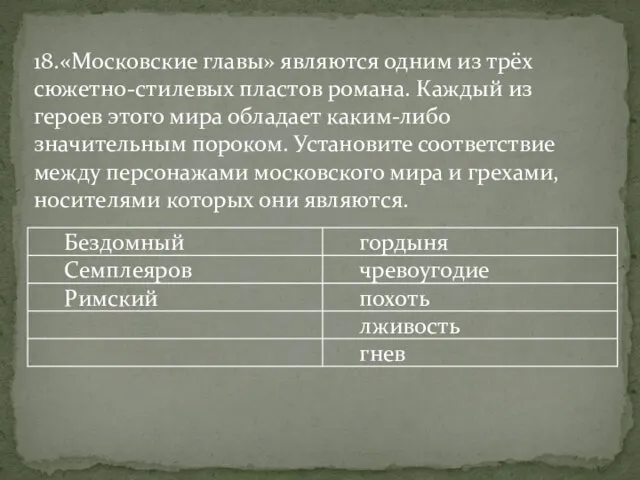 18.«Московские главы» являются одним из трёх сюжетно-стилевых пластов романа. Каждый из