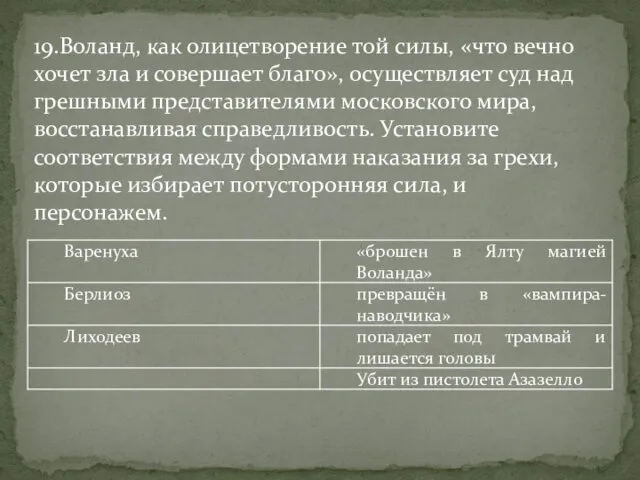 19.Воланд, как олицетворение той силы, «что вечно хочет зла и совершает