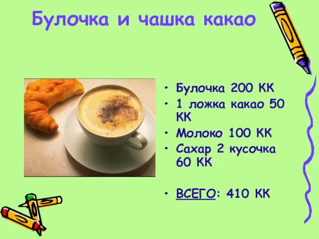 Булочка и чашка какао Булочка 200 КК 1 ложка какао 50