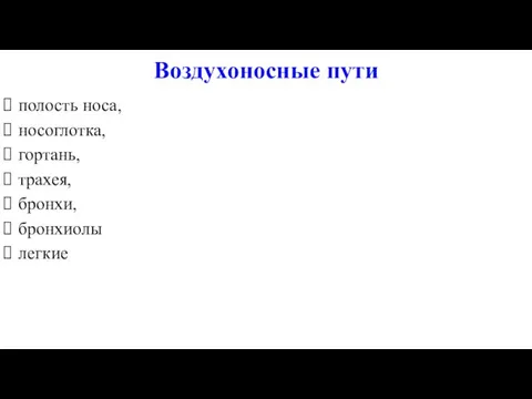 Воздухоносные пути полость носа, носоглотка, гортань, трахея, бронхи, бронхиолы легкие