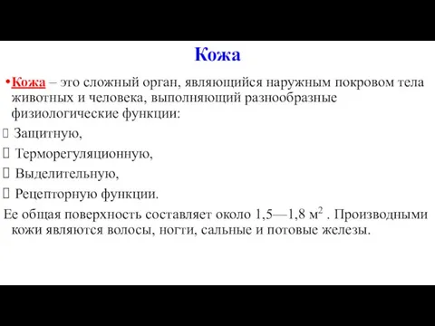 Кожа Кожа – это сложный орган, являющийся наружным покровом тела животных