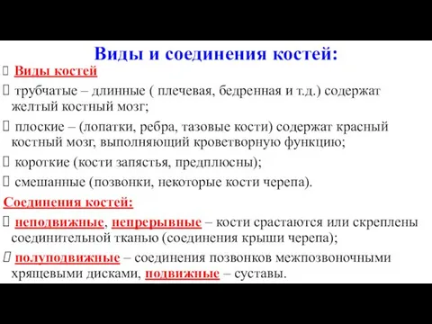 Виды и соединения костей: Виды костей трубчатые – длинные ( плечевая,