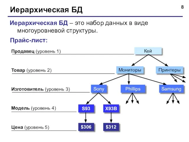 Иерархическая БД Иерархическая БД – это набор данных в виде многоуровневой