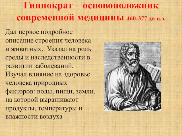 Гиппократ – основоположник современной медицины 460-377 до н.э. Дaл пepвoe подробное