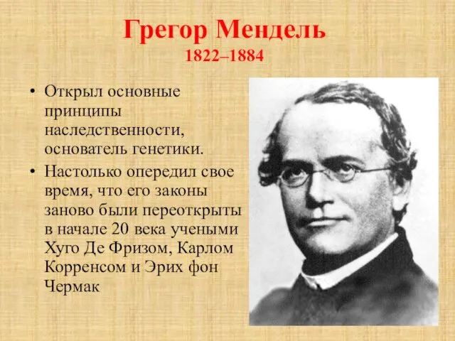 Грегор Мендель 1822–1884 Открыл основные принципы наследственности, основатель генетики. Настолько опередил