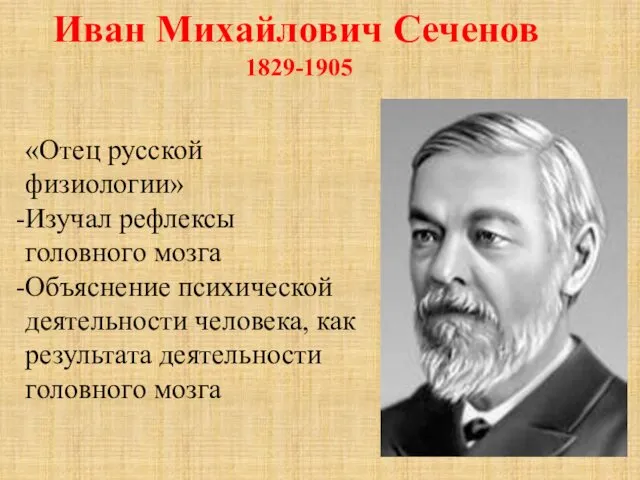 Иван Михайлович Сеченов 1829-1905 «Отец русской физиологии» Изучал рефлексы головного мозга