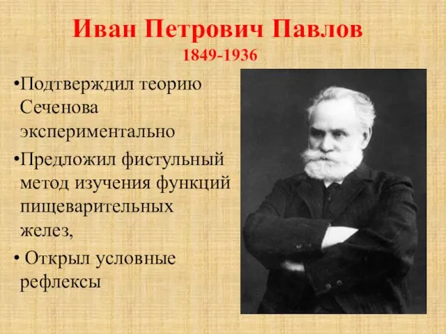 Иван Петрович Павлов 1849-1936 Подтверждил теорию Сеченова экспериментально Предложил фистульный метод