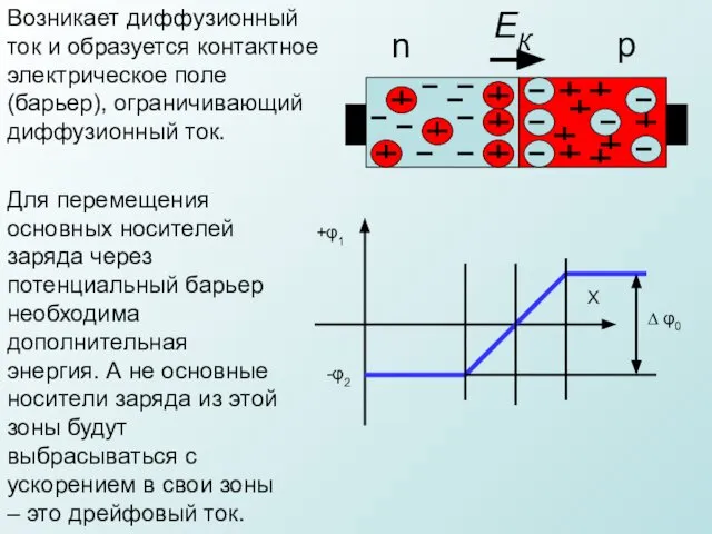 ЕК Возникает диффузионный ток и образуется контактное электрическое поле (барьер), ограничивающий