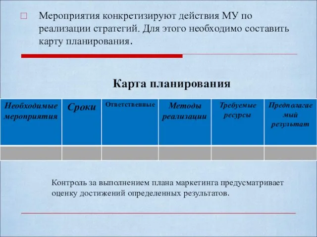 Мероприятия конкретизируют действия МУ по реализации стратегий. Для этого необходимо составить