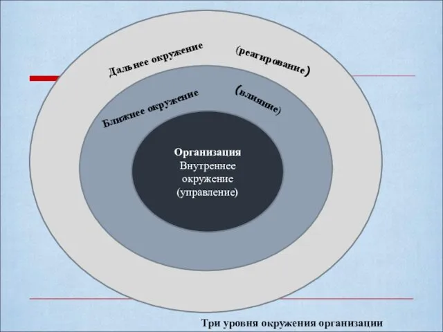 Ваша организация Внутреннее окружение (управление) Дальнее окружение (реагирование) Ближнее окружение (влияние)