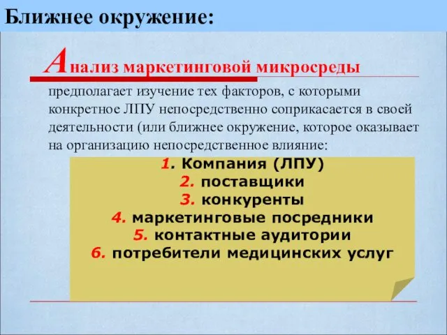 Анализ маркетинговой микросреды предполагает изучение тех факторов, с которыми конкретное ЛПУ