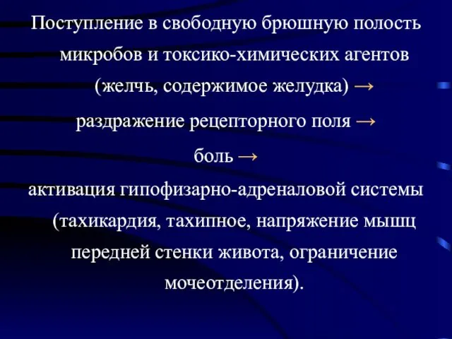 Поступление в свободную брюшную полость микробов и токсико-химических агентов (желчь, содержимое