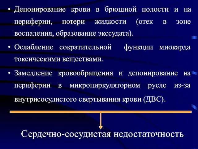 Депонирование крови в брюшной полости и на периферии, потери жидкости (отек