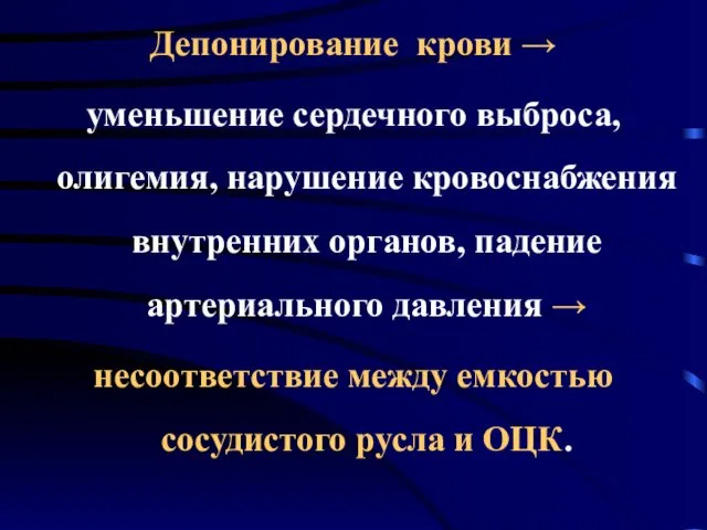 Депонирование крови → уменьшение сердечного выброса, олигемия, нарушение кровоснабжения внутренних органов,