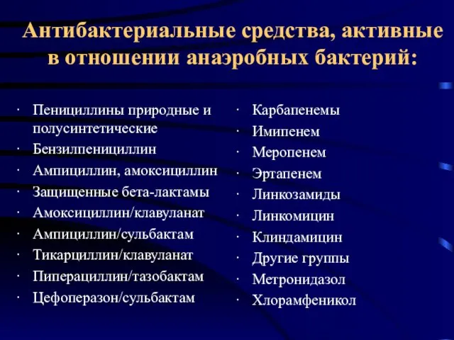 Антибактериальные средства, активные в отношении анаэробных бактерий: · Пенициллины природные и