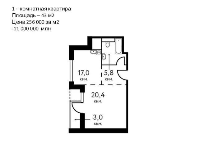 1 – комнатная квартира Площадь – 43 м2 Цена 256 000