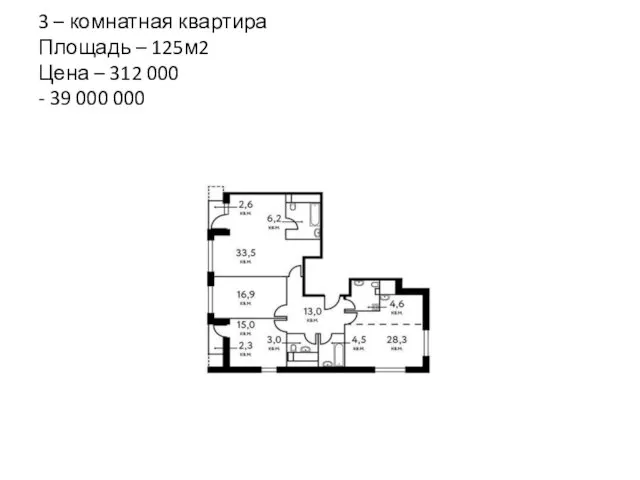 3 – комнатная квартира Площадь – 125м2 Цена – 312 000 - 39 000 000