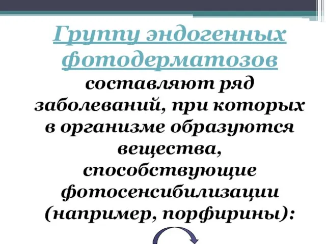 Группу эндогенных фотодерматозов составляют ряд заболеваний, при которых в организме образуются вещества, способствующие фотосенсибилизации (например, порфирины):