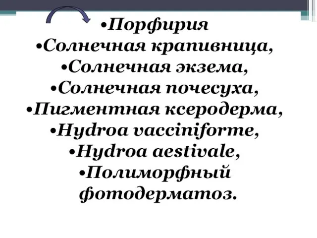 Порфирия Солнечная крапивница, Солнечная экзема, Солнечная почесуха, Пигментная ксеродерма, Hydroa vacciniforme, Hydroa aestivalе, Полиморфный фотодерматоз.