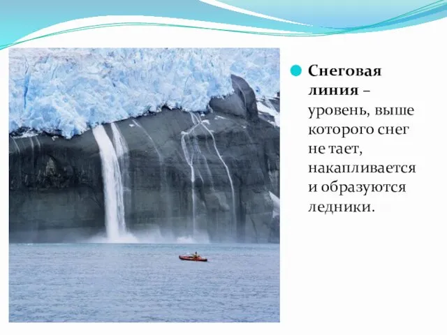 Снеговая линия – уровень, выше которого снег не тает, накапливается и образуются ледники.