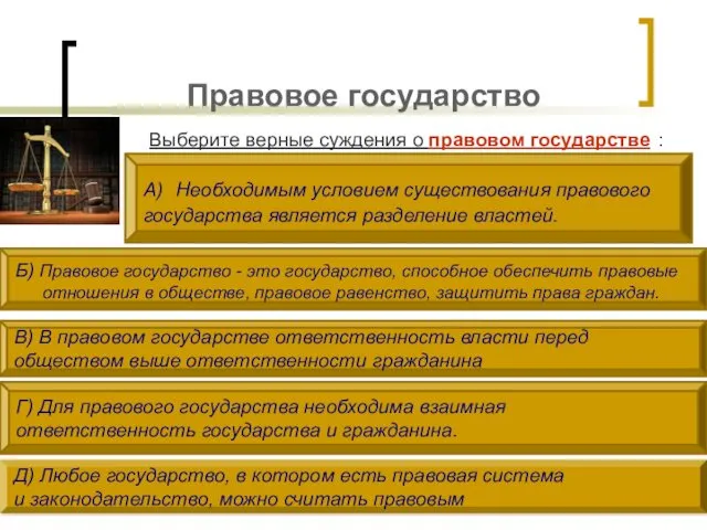 Правовое государство Выберите верные суждения о правовом государстве : А) Необходимым