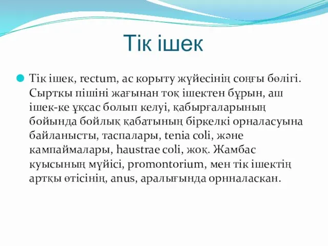 Тік ішек Тік ішек, rectum, ас корыту жүйесінің соңғы бөлігі. Сырткы