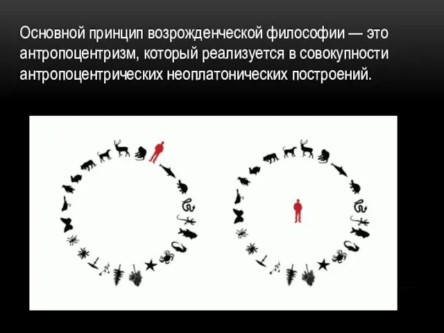 Основной принцип возрожденческой философии — это антропоцентризм, который реализуется в совокупности антропоцентрических неоплатонических построений.