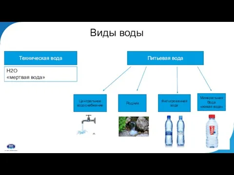 Виды воды Техническая вода Питьевая вода H2O «мертвая вода» Центральное водоснабжение