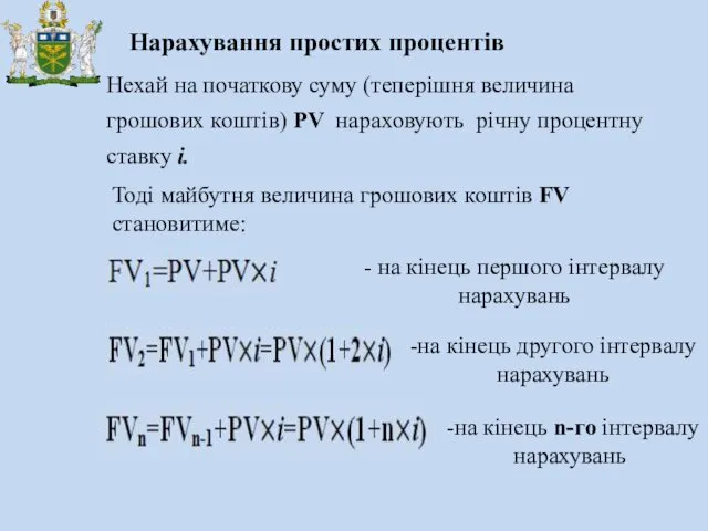 Нарахування простих процентів Нехай на початкову суму (теперішня величина грошових коштів)