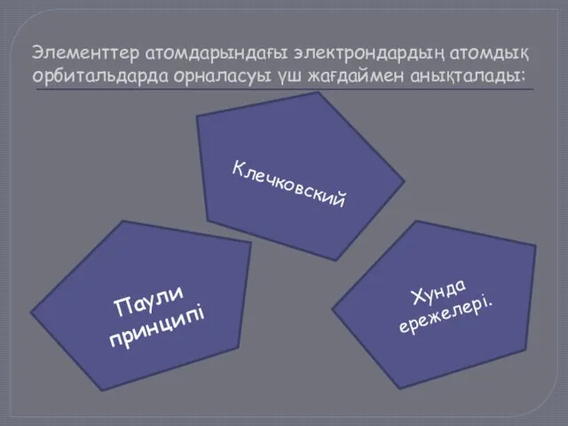 Элементтер атомдарындағы электрондардың атомдық орбитальдарда орналасуы үш жағдаймен анықталады: Паули принципі Хунда ережелері. Клечковский