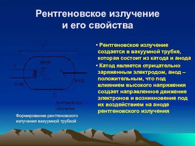 Рентгеновское излучение и его свойства Рентгеновское излучение создается в вакуумной трубке,